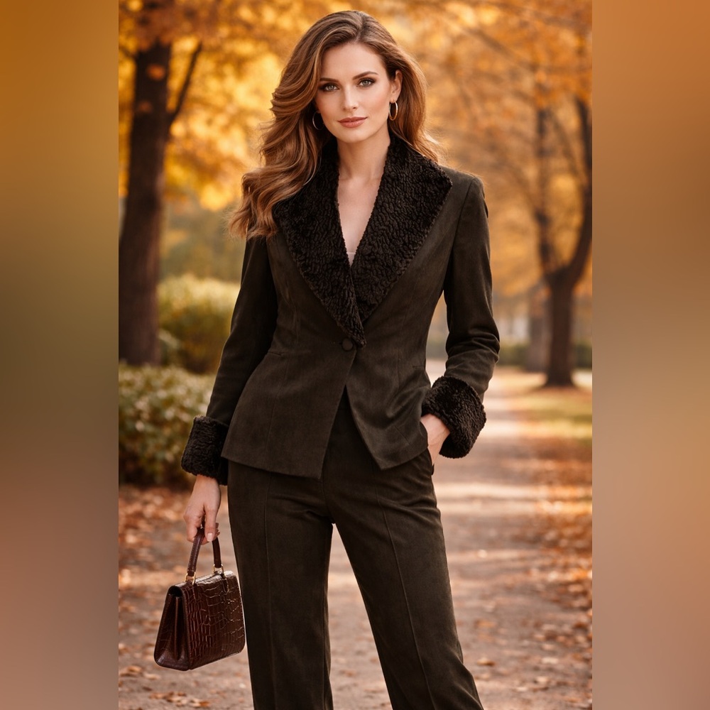 Tailored Brown Faux Fur Trim Suit